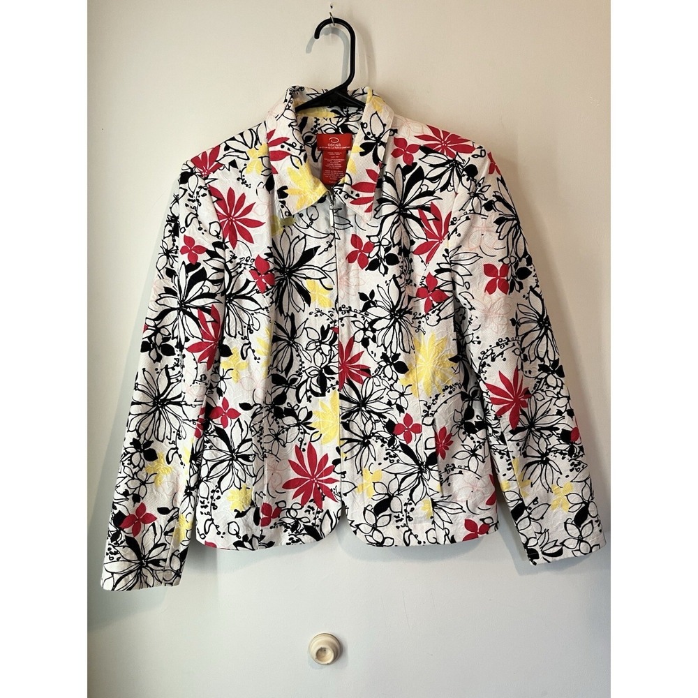 Vintage Oscar De La Renta blazer style Jacket Floral White Full Zip Size 10‎